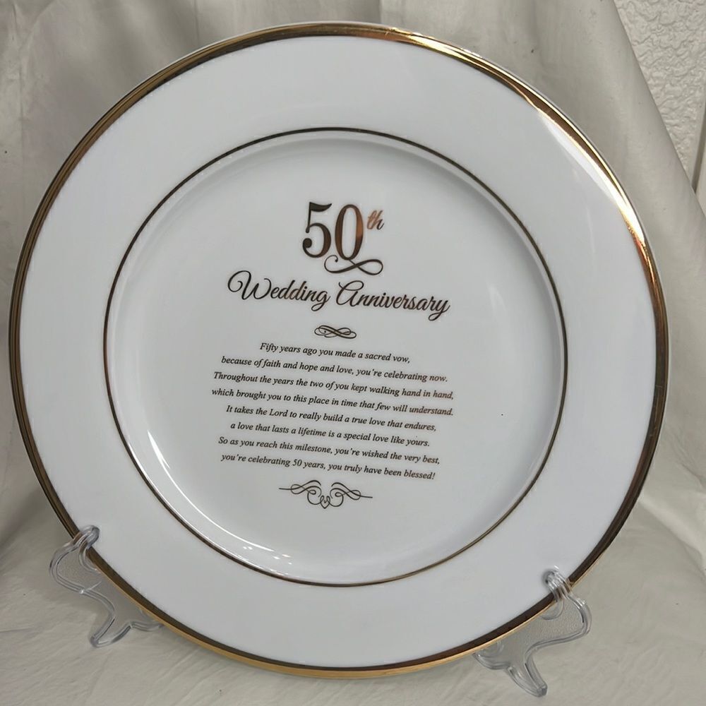 Dicksons 50th Anniversary Porcelain 12 Inch White Plate Gold Rim Easel Included
